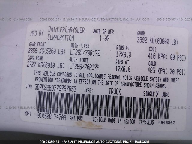 3D7KS28D77G767653 - 2007 DODGE RAM 2500 ST/SLT 白色 照片 9