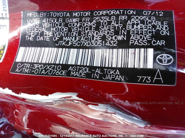 JTKJF5C7XD3051432 - 2013 TOYOTA SCION TC 红色 照片 9