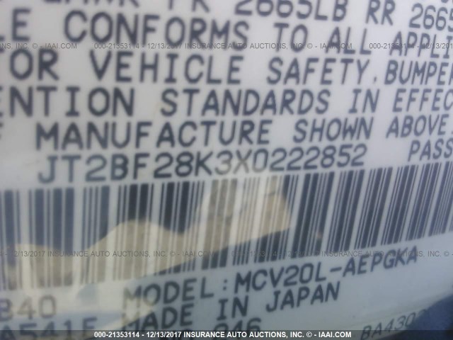 JT2BF28K3X0222852 - 1999 TOYOTA CAMRY LE/XLE TAN photo 9