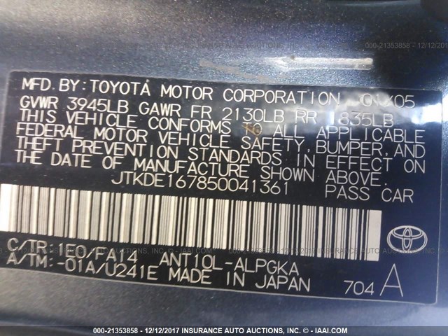 JTKDE167850041361 - 2005 TOYOTA SCION TC 灰色 照片 9