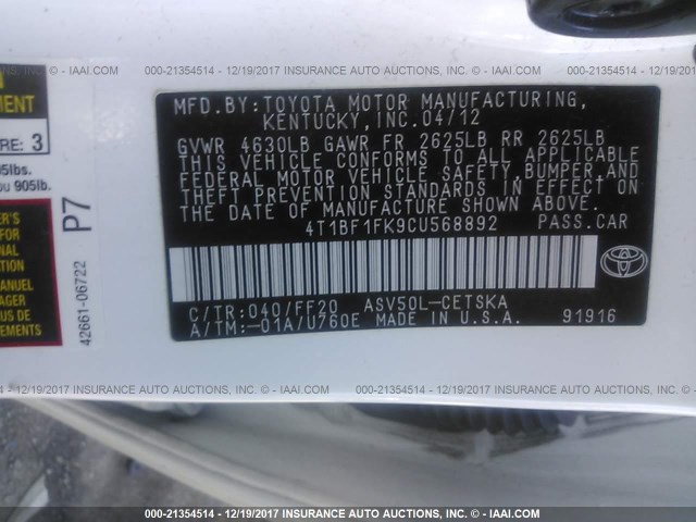 4T1BF1FK9CU568892 - 2012 TOYOTA CAMRY SE/LE/XLE Белый фото 9