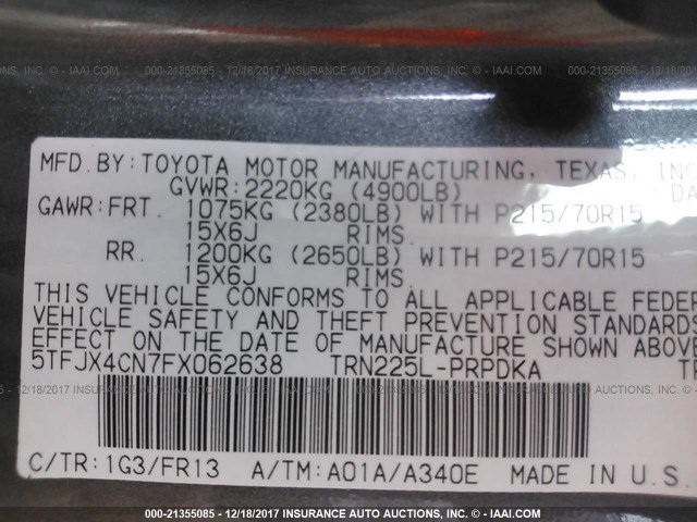 5TFJX4CN7FX062638 - 2015 TOYOTA TACOMA DOUBLE CAB 灰色 照片 9