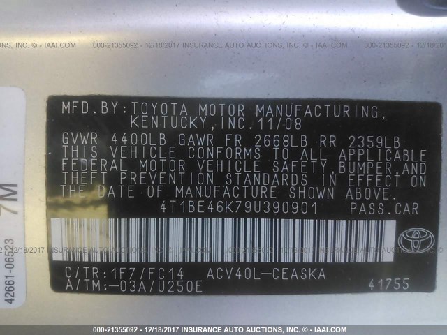 4T1BE46K79U390901 - 2009 TOYOTA CAMRY SE/LE/XLE 银色 照片 9