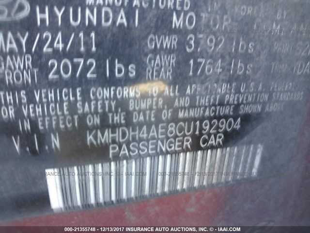 KMHDH4AE8CU192904 - 2012 HYUNDAI ELANTRA GLS/LIMITED BURGUNDY photo 9