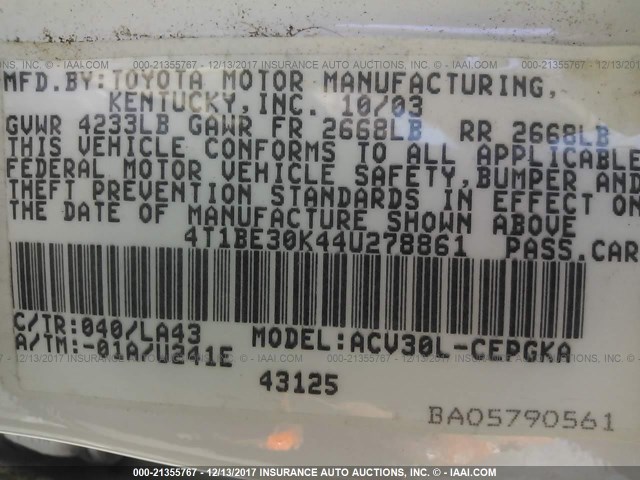 4T1BE30K44U278861 - 2004 TOYOTA CAMRY LE/XLE/SE WHITE photo 9