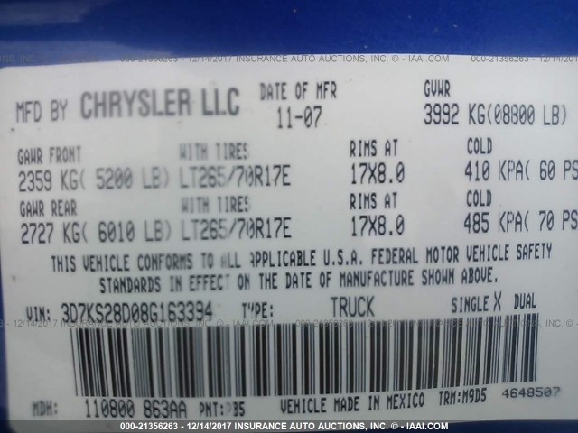 3D7KS28D08G163394 - 2008 DODGE RAM 2500 ST/SLT 蓝色 照片 9