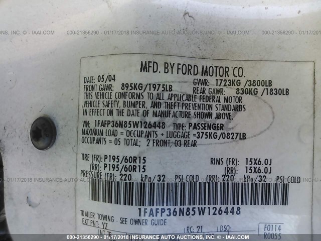 1FAFP36N85W126448 - 2005 FORD FOCUS ZXW WHITE photo 9