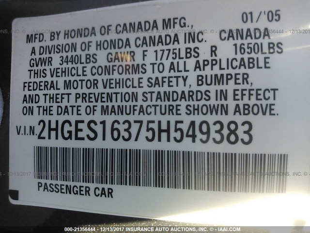 2HGES16375H549383 - 2005 HONDA CIVIC DX VP 灰色 照片 9