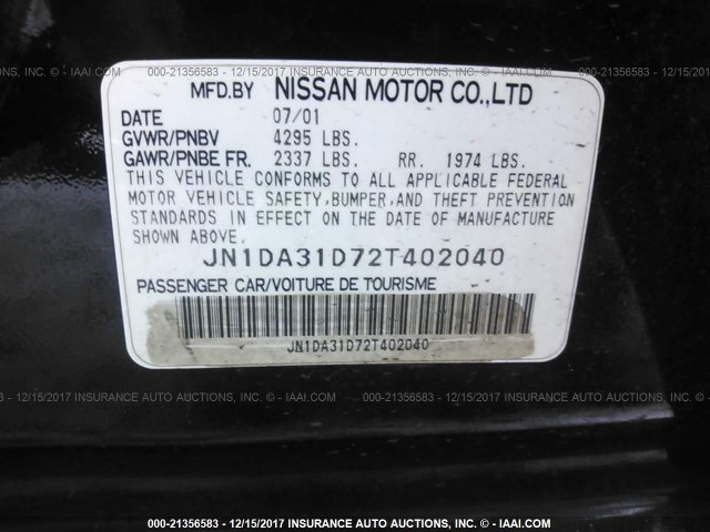 JN1DA31D72T402040 - 2002 NISSAN MAXIMA GLE/GXE/SE BLACK photo 9