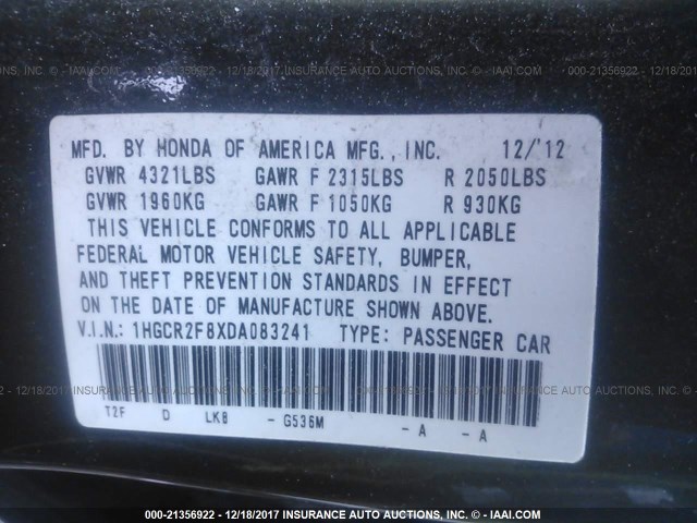 1HGCR2F8XDA083241 - 2013 HONDA ACCORD EXL GRAY photo 9