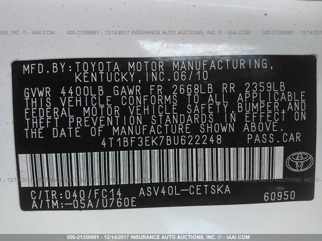 4T1BF3EK7BU622248 - 2011 TOYOTA CAMRY SE/LE/XLE თეთრი ფოტო 9