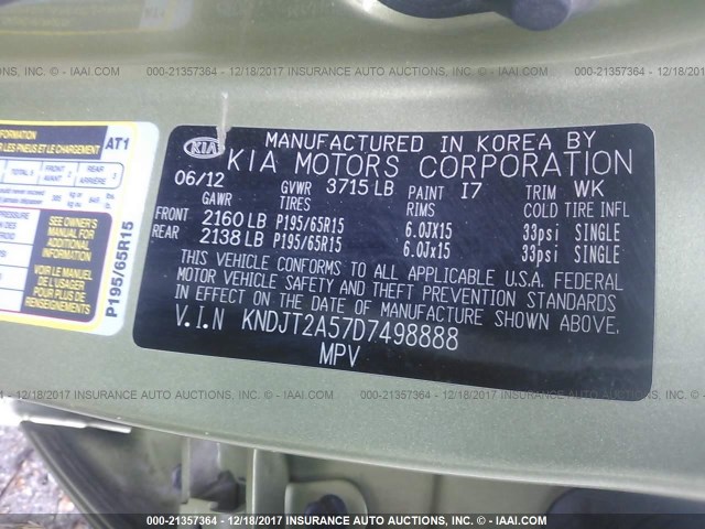 KNDJT2A57D7498888 - 2013 KIA SOUL GREEN photo 9