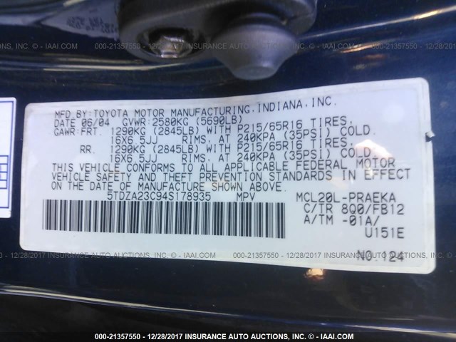 5TDZA23C94S178935 - 2004 TOYOTA SIENNA CE/LE Dark Blue photo 9