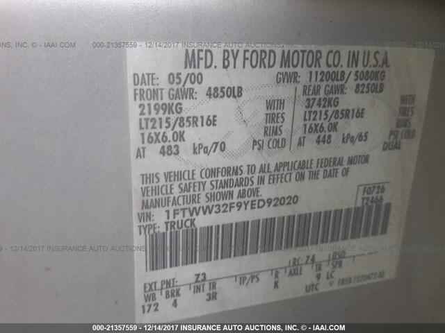 1FTWW32F9YED92020 - 2000 FORD F350 SILVER photo 9