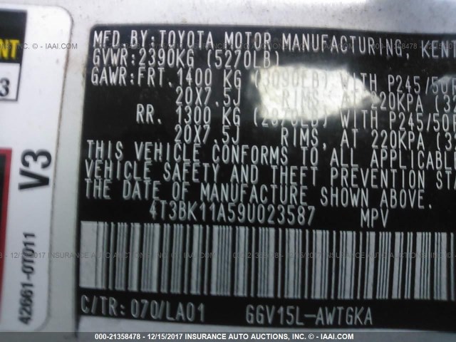 4T3BK11A59U023587 - 2009 TOYOTA VENZA WHITE photo 9