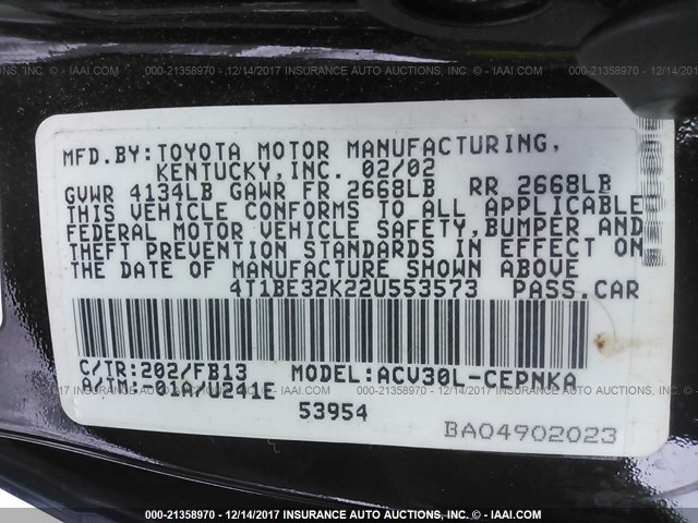 4T1BE32K22U553573 - 2002 TOYOTA CAMRY LE/XLE/SE Қара фото 9