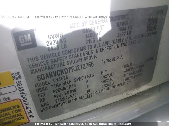 5GAKVCKD7FJ212765 - 2015 BUICK ENCLAVE WHITE photo 9