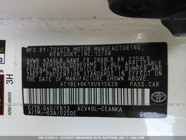 4T1BE46K19U915628 - 2009 TOYOTA CAMRY SE/LE/XLE WHITE photo 9