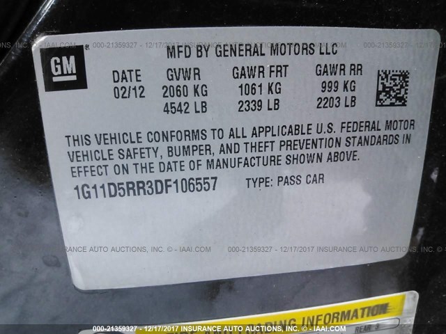 1G11D5RR3DF106557 - 2013 CHEVROLET MALIBU 1LT 黑色 照片 9