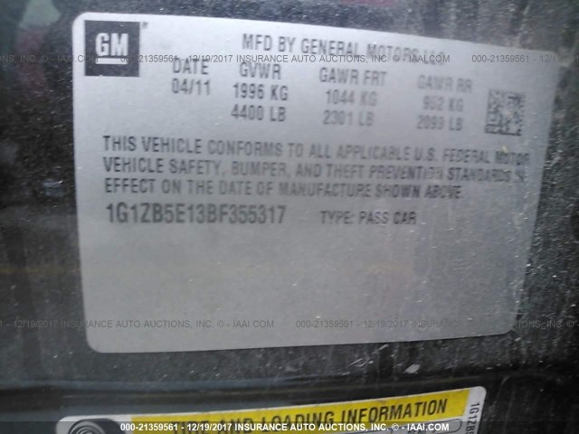 1G1ZB5E13BF355317 - 2011 CHEVROLET MALIBU LS 黑色 照片 9