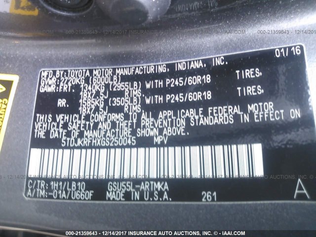 5TDJKRFHXGS250045 - 2016 TOYOTA HIGHLANDER XLE ნაცრისფერი ფოტო 9