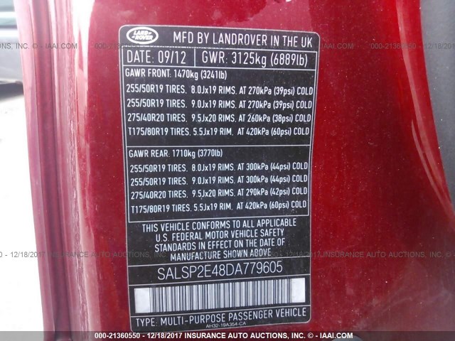 SALSP2E48DA779605 - 2013 LAND ROVER RANGE ROVER SPORT AUTOBIOGRAPHY RED photo 9