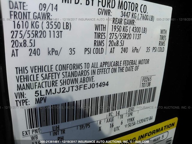 5LMJJ2JT3FEJ01494 - 2015 LINCOLN NAVIGATOR 黑色 照片 9