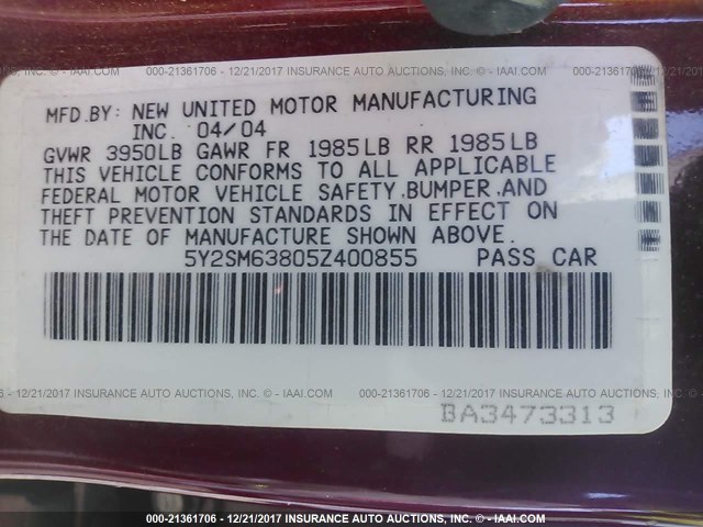 5Y2SM63805Z400855 - 2005 PONTIAC VIBE MAROON photo 9