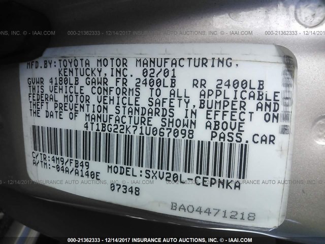 4T1BG22K71U067098 - 2001 TOYOTA CAMRY CE/LE/XLE 棕色 照片 9
