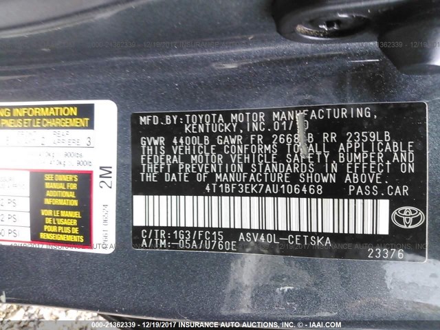 4T1BF3EK7AU106468 - 2010 TOYOTA CAMRY SE/LE/XLE GRAY photo 9