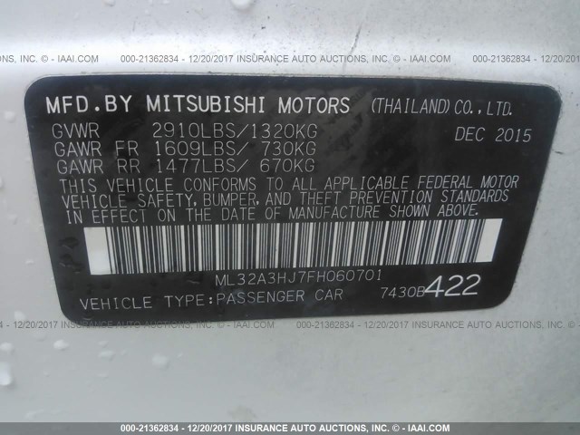 ML32A3HJ7FH060701 - 2015 MITSUBISHI MIRAGE DE WHITE photo 9