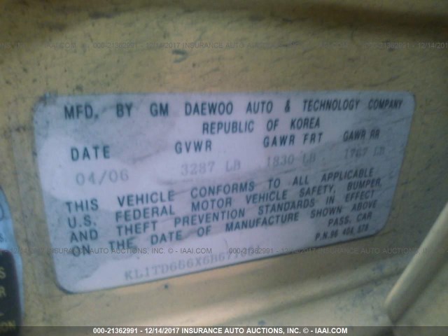 KL1TD666X6B671051 - 2006 CHEVROLET AVEO LS YELLOW photo 9