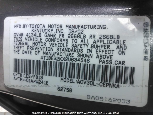 4T1BE32KX2U634546 - 2002 TOYOTA CAMRY LE/XLE/SE 灰色 照片 9