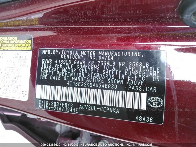 4T1BE32K94U346830 - 2004 TOYOTA CAMRY LE/XLE/SE RED photo 9