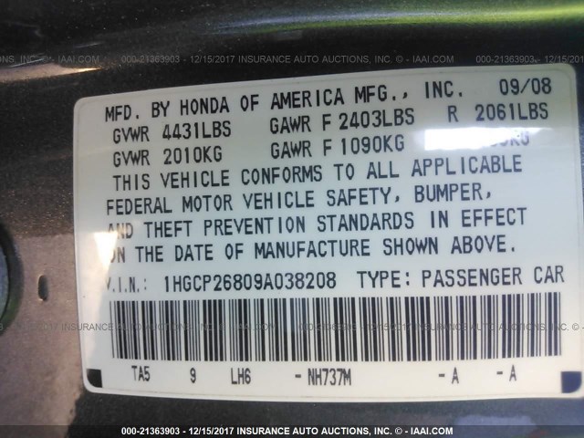 1HGCP26809A038208 - 2009 HONDA ACCORD EXL GRAY photo 9