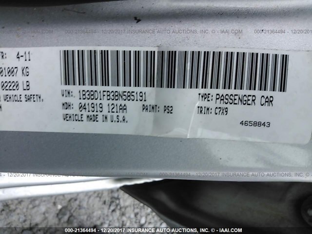 1B3BD1FB3BN585191 - 2011 DODGE AVENGER MAINSTREET SILVER photo 9