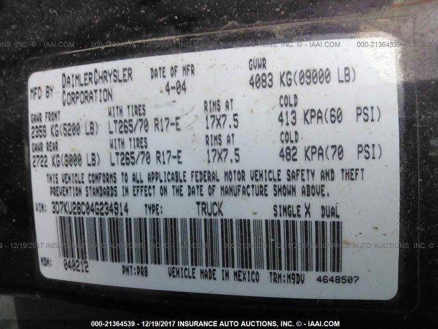 3D7KU28C04G234914 - 2004 DODGE RAM 2500 ST/SLT 栗色 照片 9