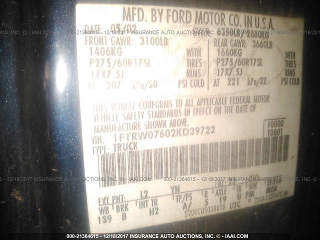 1FTRW07602KD39722 - 2002 FORD F150 SUPERCREW BLUE photo 9