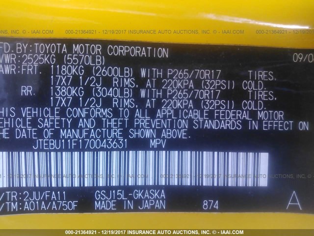 JTEBU11F170043631 - 2007 TOYOTA FJ CRUISER YELLOW photo 9