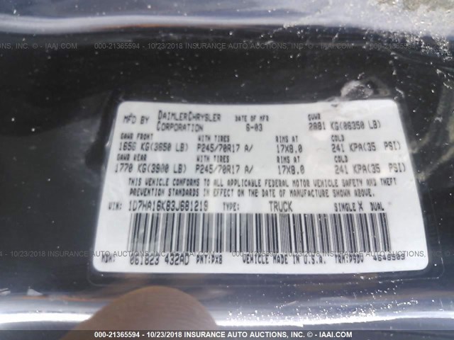 1D7HA16K83J681219 - 2003 DODGE RAM 1500 ST BLACK photo 9