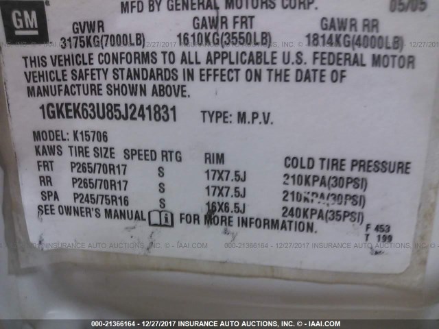 1GKEK63U85J241831 - 2005 GMC YUKON DENALI WHITE photo 9