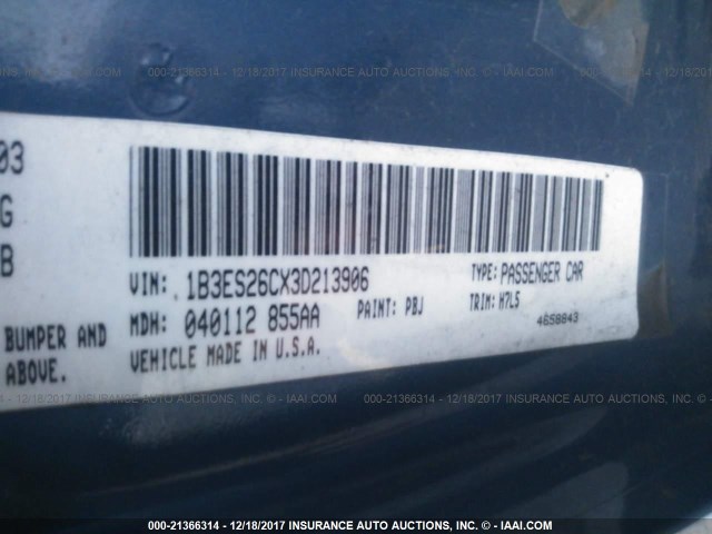 1B3ES26CX3D213906 - 2003 DODGE NEON SE BLUE photo 9