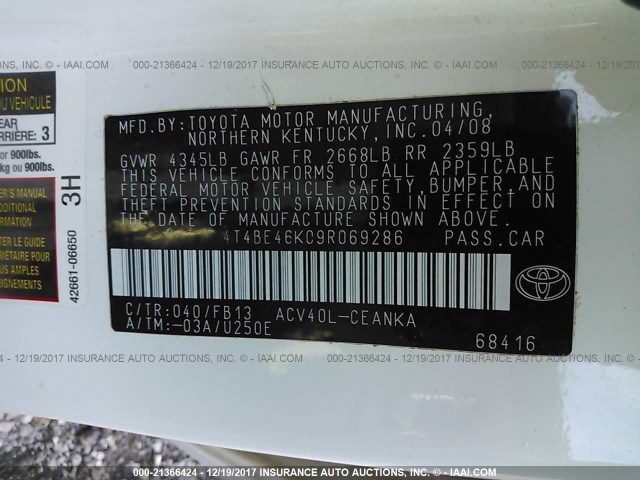 4T4BE46K09R069286 - 2009 TOYOTA CAMRY SE/LE/XLE 白色 照片 9