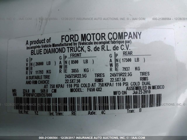 3FRNF6FCXBV357000 - 2011 FORD F650 SUPER DUTY WHITE photo 10