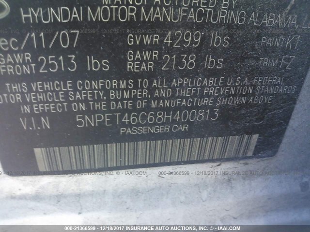 5NPET46C68H400813 - 2008 HYUNDAI SONATA GLS GRAY photo 9