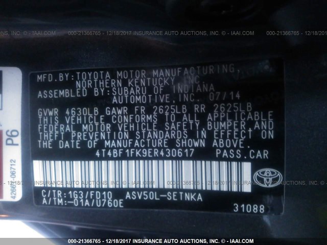 4T4BF1FK9ER430617 - 2014 TOYOTA CAMRY L/SE/LE/XLE GRAY photo 9