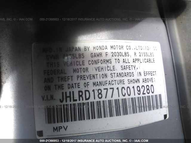 JHLRD18771C019280 - 2001 HONDA CR-V SE/LE SILVER photo 9