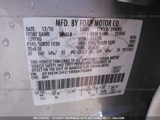 2FMDK3KC1BBA70284 - 2011 FORD EDGE LIMITED SILVER photo 9