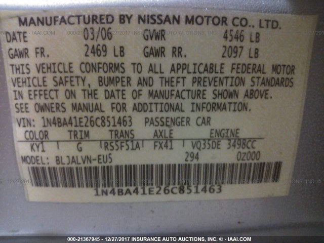 1N4BA41E26C851463 - 2006 NISSAN MAXIMA SE/SL SILVER photo 9