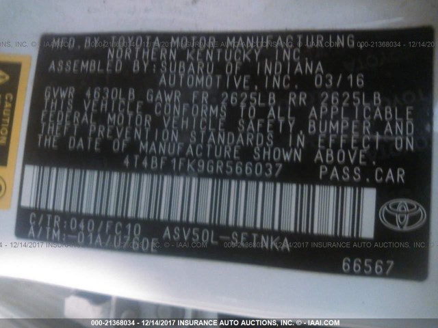 4T4BF1FK9GR566037 - 2016 TOYOTA CAMRY LE/XLE/SE/XSE თეთრი ფოტო 9